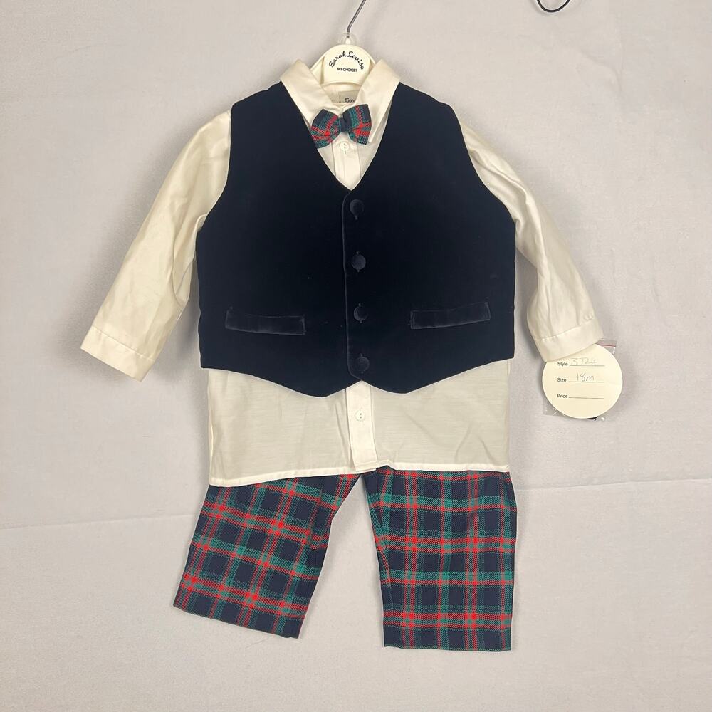 Vintage NWT Sarah Louise Boys Plaid Tartan Vest Shirt Bowtie Set 18M